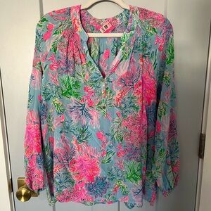 Lilly Pulitzer Elsa Silk Top Celestial Blue Cay To My Heart Size L